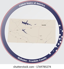 Botón redondo con mapa detallado del condado Franklin en Alabama, EEUU.