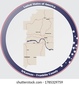 Round button with detailed map of Franklin County in Arkansas, USA. svg