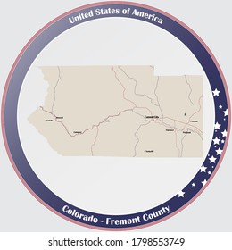 Botón de redondeo con mapa detallado del condado Fremont en Colorado, Estados Unidos.