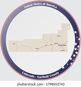 Round button with detailed map of Garfield County in Colorado, USA.