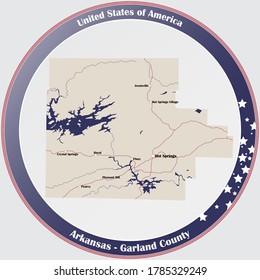 Round button with detailed map of Garland County in Arkansas, USA.