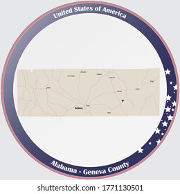 Round button with detailed map of Geneva county in Alabama, USA.