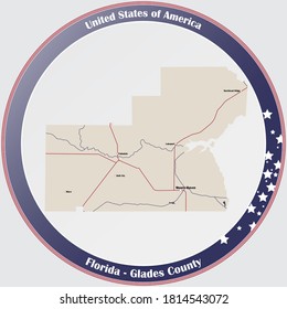 Round button with detailed map of Glades County in Florida, USA.