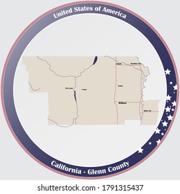 Rundknopf mit detaillierter Karte von Glenn County in Kalifornien, USA.