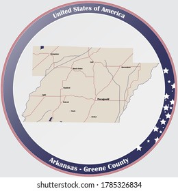 Round button with detailed map of Greene County in Arkansas, USA.