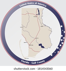 Round button with detailed map of Gulf County in Florida, USA.