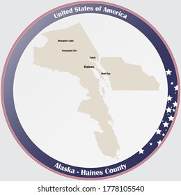 Round button with detailed map of Haines County in Alaska, USA.