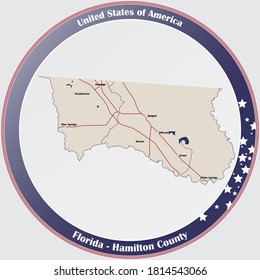 Round button with detailed map of Hamilton County in Florida, USA.
