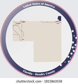 Round button with detailed map of Hendry County in Florida, USA.