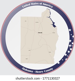 Botón redondo con mapa detallado del condado Henry en Alabama, EEUU.