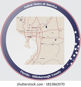 Round button with detailed map of Hillsborough County in Florida, USA.