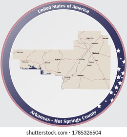 Round button with detailed map of Hot Springs County in Arkansas, USA.