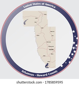 Round button with detailed map of Howard County in Arkansas, USA.