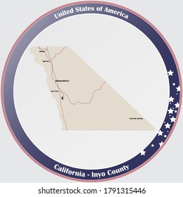 Round button with detailed map of Inyo County in California, USA.