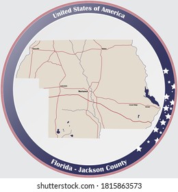 Round button with detailed map of Jackson County in Florida, USA.