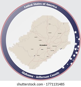 Round button with detailed map of Jefferson county in Alabama, USA.
