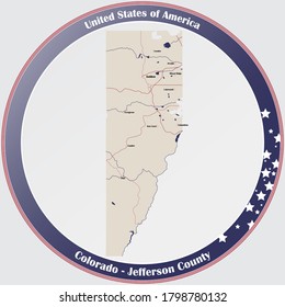 Round button with detailed map of Jefferson County in Colorado, USA.