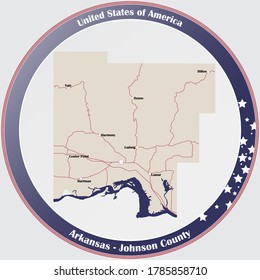 Round button with detailed map of Johnson County in Arkansas, USA.