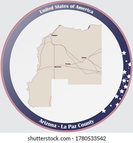 Round button with detailed map of La Paz County in Arizona, USA.