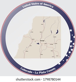 Round button with detailed map of La Plata County in Colorado, USA.