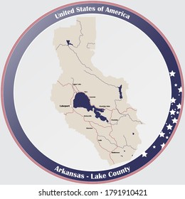 Botón de redondeo con mapa detallado del condado de Lake en California, EE.UU.