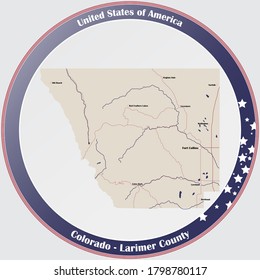 Round button with detailed map of Larimer County in Colorado, USA.