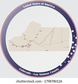 Round button with detailed map of Las Animas County in Colorado, USA.