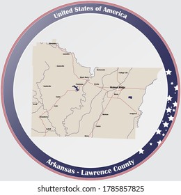 Round button with detailed map of Lawrence County in Arkansas, USA.