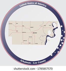 Botón de redondeo con mapa detallado del condado de Lee en Arkansas, Estados Unidos.