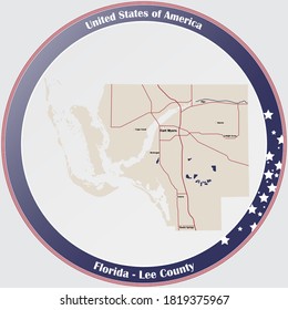 Round button with detailed map of Lee County in Florida, USA.