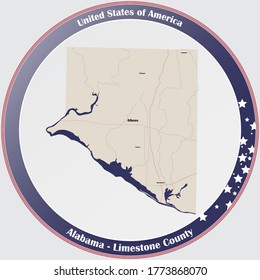 Round Button With Detailed Map Of Limestone County In Alabama, USA.