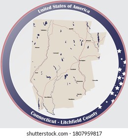 Round button with detailed map of Litchfield County in Connecticut, USA.