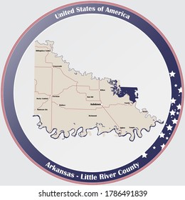 Round button with detailed map of Little River County in Arkansas, USA.