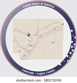 Round button with detailed map of Logan County in Colorado, USA.