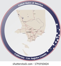 Round Button With Detailed Map Of Los Angeles County In California, USA.