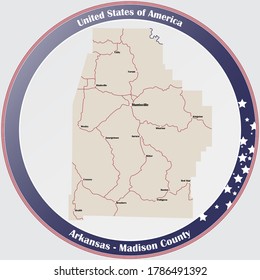 Round button with detailed map of Madison County in Arkansas, USA.
