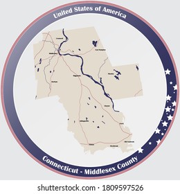 Round button with detailed map of Middlesex County in Connecticut, USA.