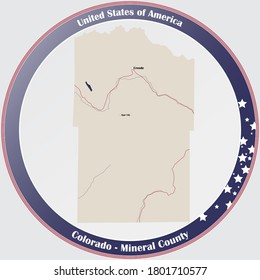 Round button with detailed map of Mineral County in Colorado, USA.