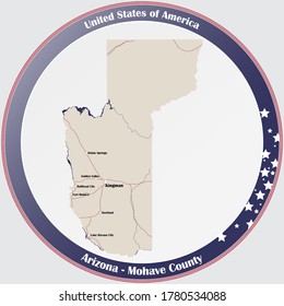 Round button with detailed map of Mohave County in Arizona, USA.