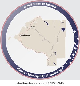 Round button with detailed map of the Municipality of Anchorage in Alaska, USA.