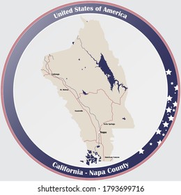 Round button with detailed map of Napa County in California, USA.