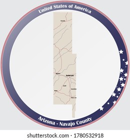 Round Button With Detailed Map Of Navajo County In Arizona, USA.