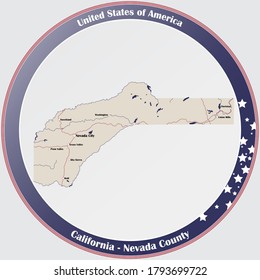 Round button with detailed map of Nevada County in California, USA.
