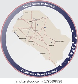 Round Button With Detailed Map Of Orange County In California, USA.