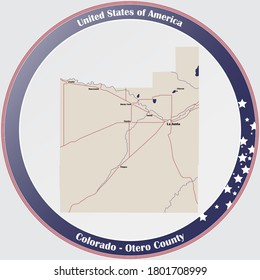 Round button with detailed map of Otero County in Colorado, USA.