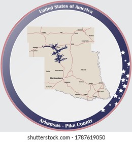 Round button with detailed map of Pike County in Arkansas, USA.