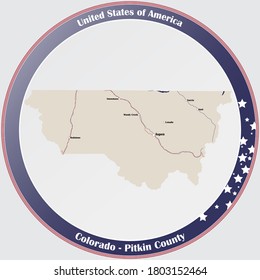 Round Button With Detailed Map Of Pitkin County In Colorado, USA.