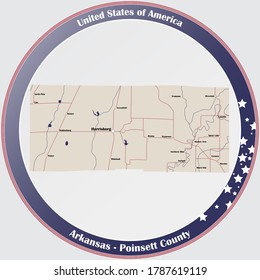 Rundtaste mit detaillierter Karte des Poinsett County in Arkansas, USA.