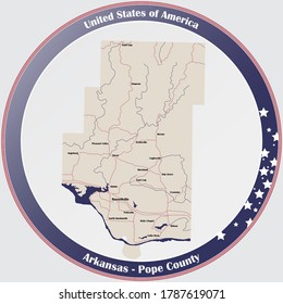 Round button with detailed map of Pope County in Arkansas, USA.