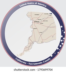Botón de redondeo con mapa detallado del condado de Sacramento en California, Estados Unidos.